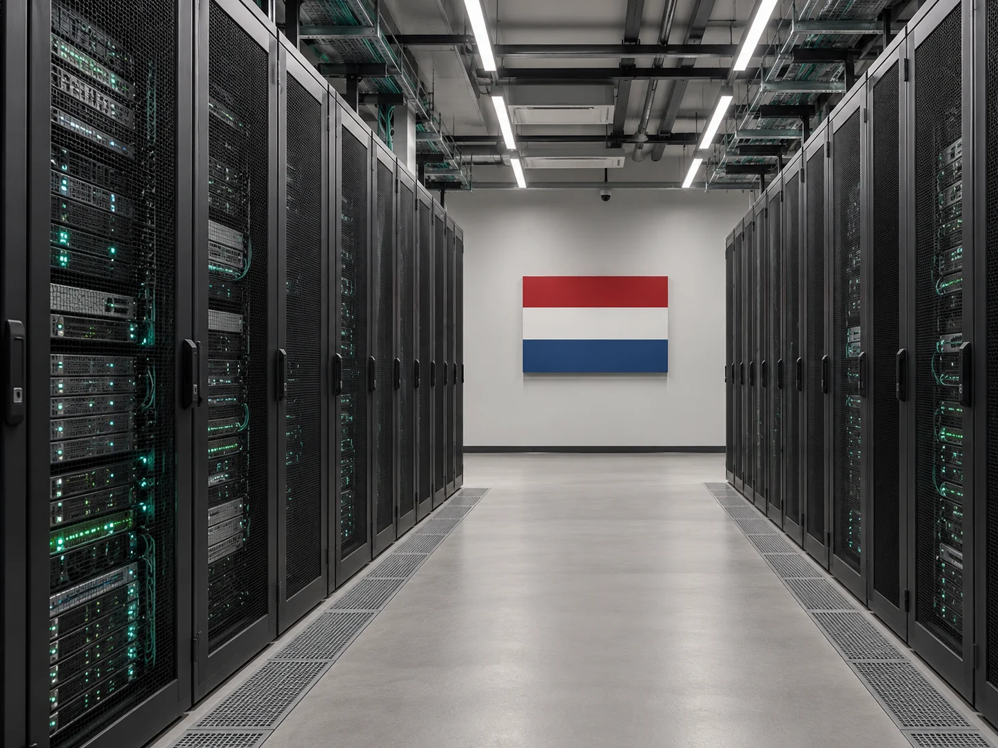 Serverkasten in een datacenter met een Nederlandse vlag aan de achterwand.