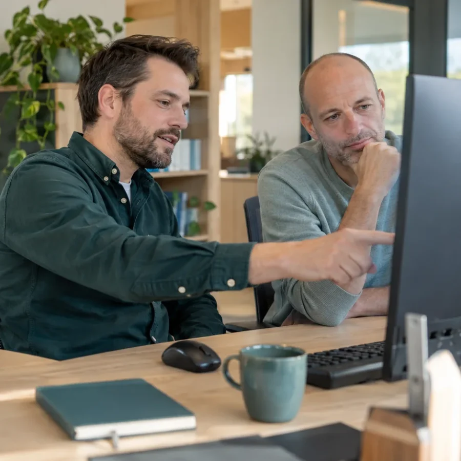 Twee mannen bekijken samen een computer tijdens een uitleg.